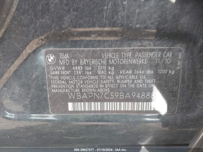 2011 BMW 335D VIN: WBAPN7C59BA948889 Lot: 39827077