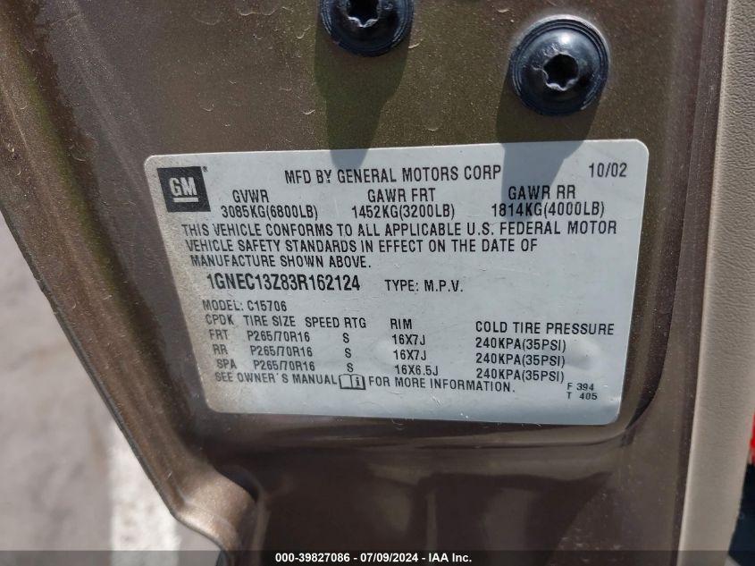 2003 Chevrolet Tahoe C1500 VIN: 1GNEC13Z83R162124 Lot: 39827086