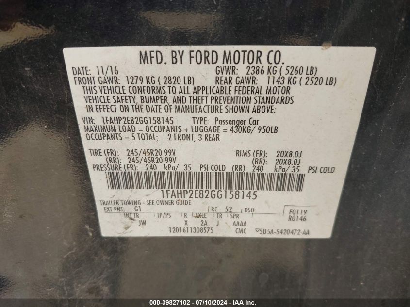 1FAHP2E82GG158145 2016 Ford Taurus Sel