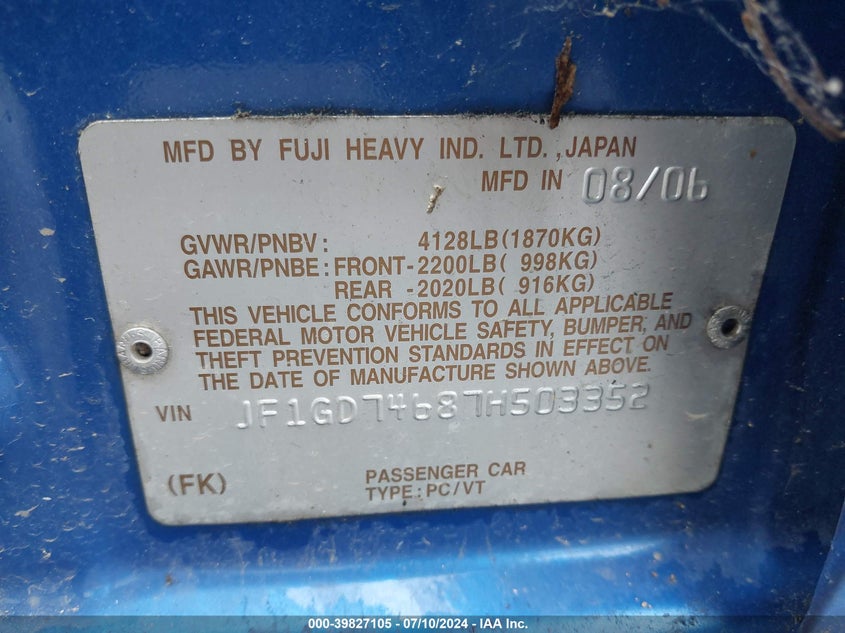 2007 Subaru Impreza Wrx/Limited VIN: JF1GD74687H503352 Lot: 39827105