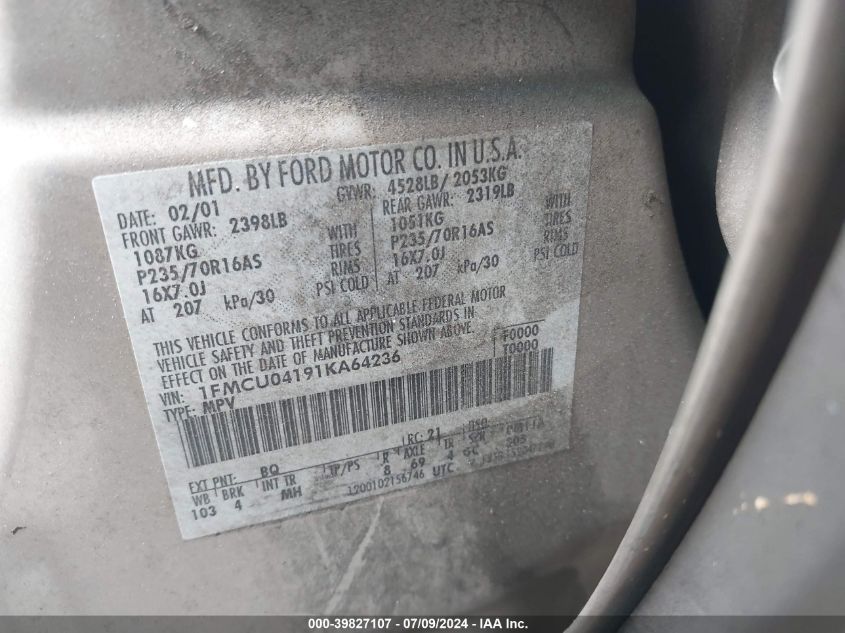 2001 Ford Escape Xlt VIN: 1FMCU04191KA64236 Lot: 39827107