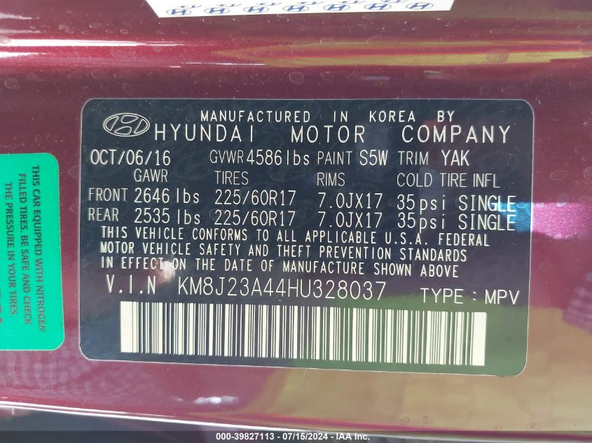 KM8J23A44HU328037 2017 Hyundai Tucson Se