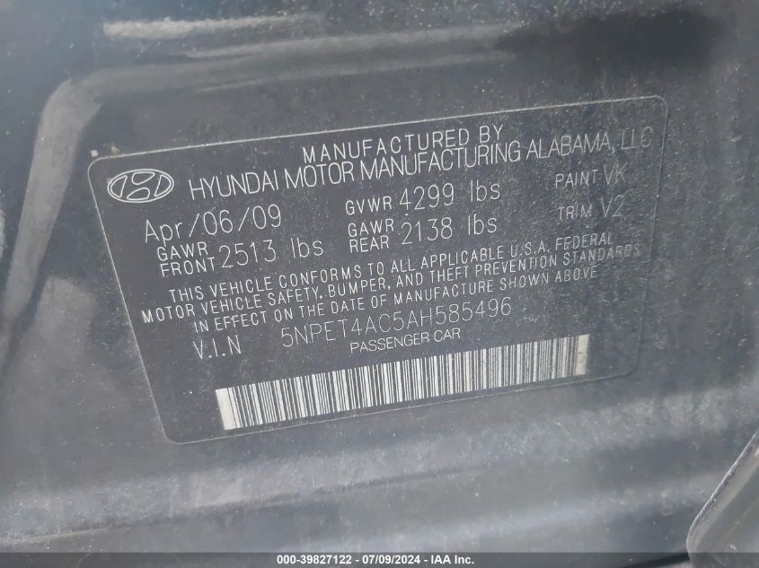 2010 Hyundai Sonata Gls VIN: 5NPET4AC5AH585496 Lot: 39827122
