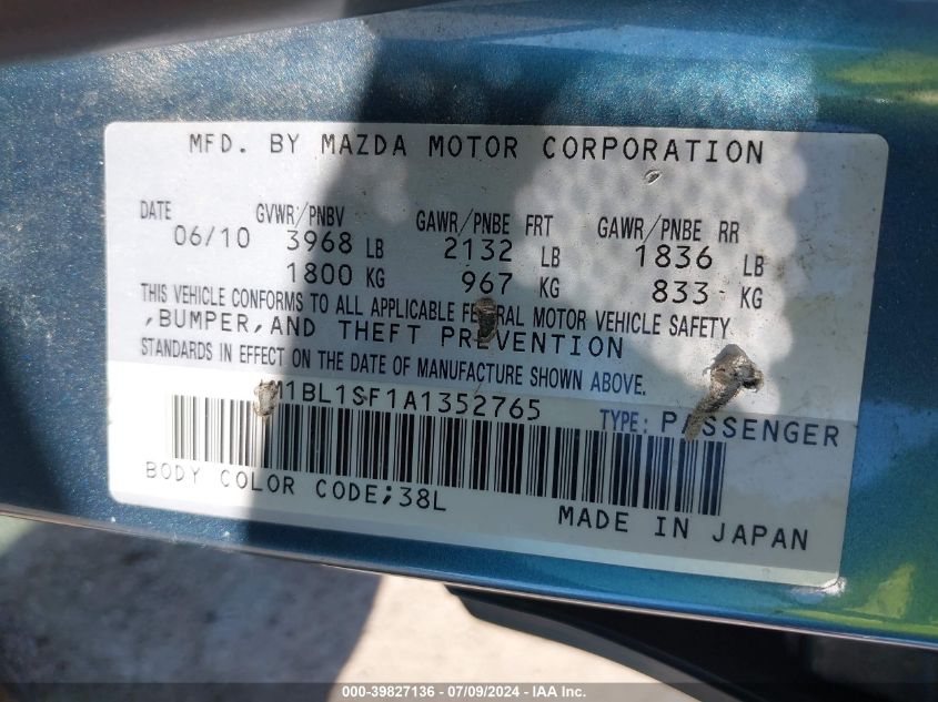 2010 Mazda Mazda3 I Touring VIN: JM1BL1SF1A1352765 Lot: 39827136