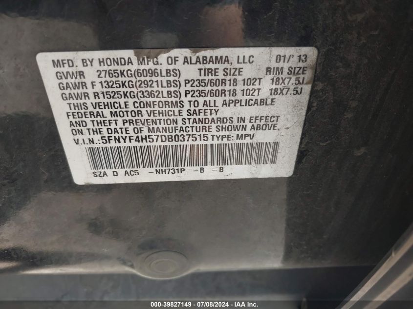 2013 Honda Pilot Ex-L VIN: 5FNYF4H57DB037515 Lot: 39827149