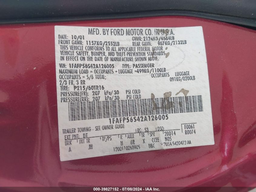 2002 Ford Taurus Sel VIN: 1FAFP56S42A126005 Lot: 39827152