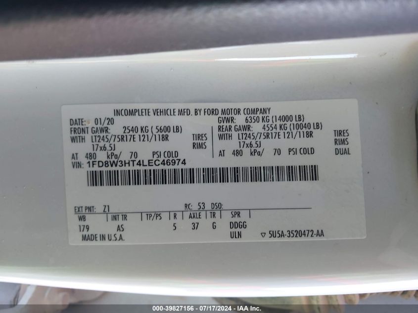 2020 Ford F350 Super Duty VIN: 1FD8W3HT4LEC46974 Lot: 39827156