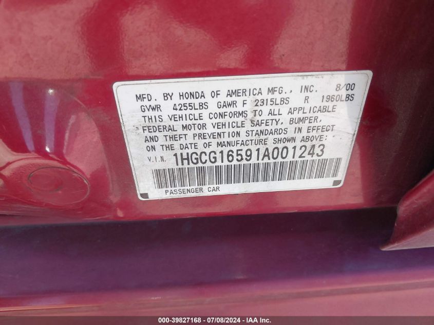 2001 Honda Accord 3.0 Ex VIN: 1HGCG16591A001243 Lot: 39827168