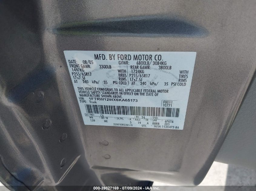 2006 Ford F-150 Xlt VIN: 1FTRW12WX6KA65173 Lot: 39827169