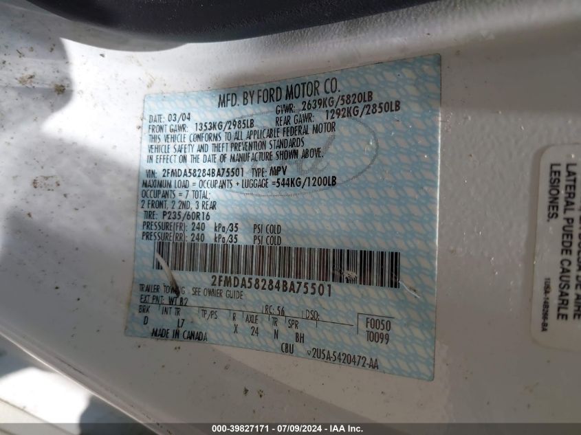 2004 Ford Freestar Limited VIN: 2FMDA58284BA75501 Lot: 39827171