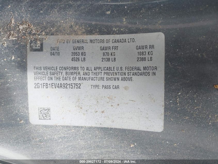 2010 Chevrolet Camaro 1Lt VIN: 2G1FB1EV4A9215752 Lot: 39827172