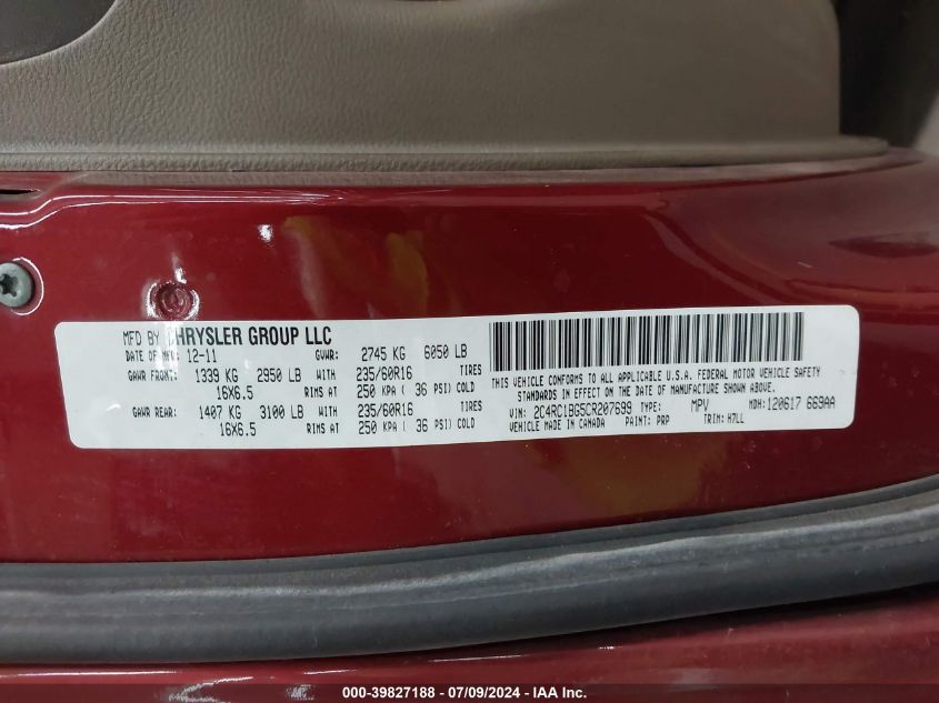 2012 Chrysler Town & Country Touring VIN: 2C4RC1BG5CR207699 Lot: 39827188