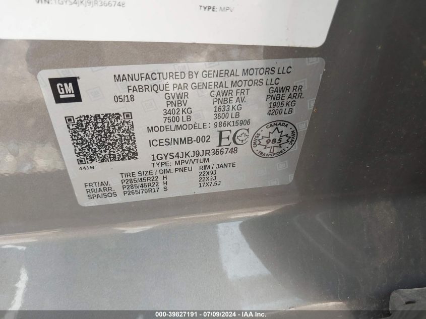 2018 Cadillac Escalade Esv Premium Luxury VIN: 1GYS4JKJ9JR366748 Lot: 39827191