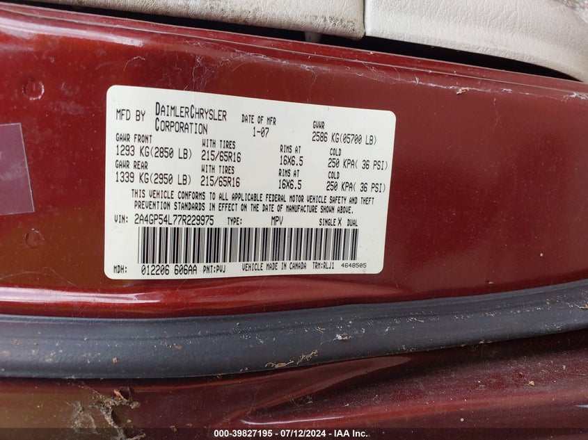 2007 Chrysler Town & Country Touring VIN: 2A4GP54L77R229975 Lot: 39827195