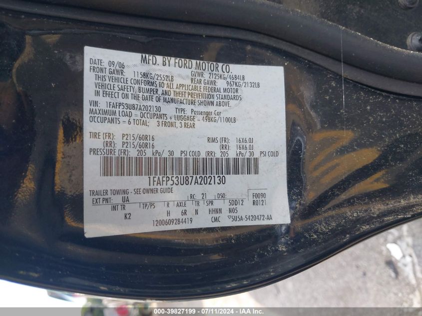 2007 Ford Taurus Se VIN: 1FAFP53U87A202130 Lot: 39827199