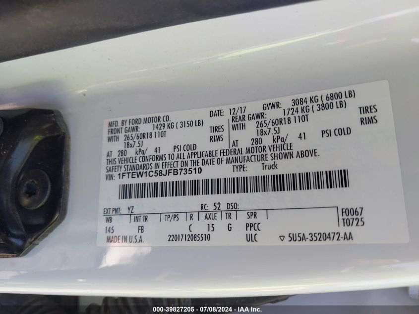 2018 Ford F-150 Xlt VIN: 1FTEW1C58JFB73510 Lot: 39827205