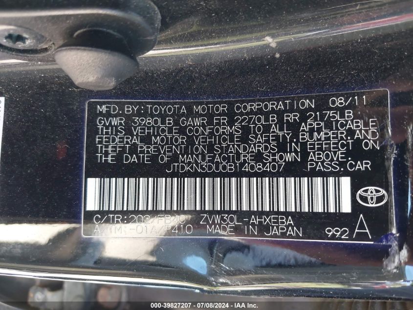 2011 Toyota Prius Two VIN: JTDKN3DU0B1408407 Lot: 39827207