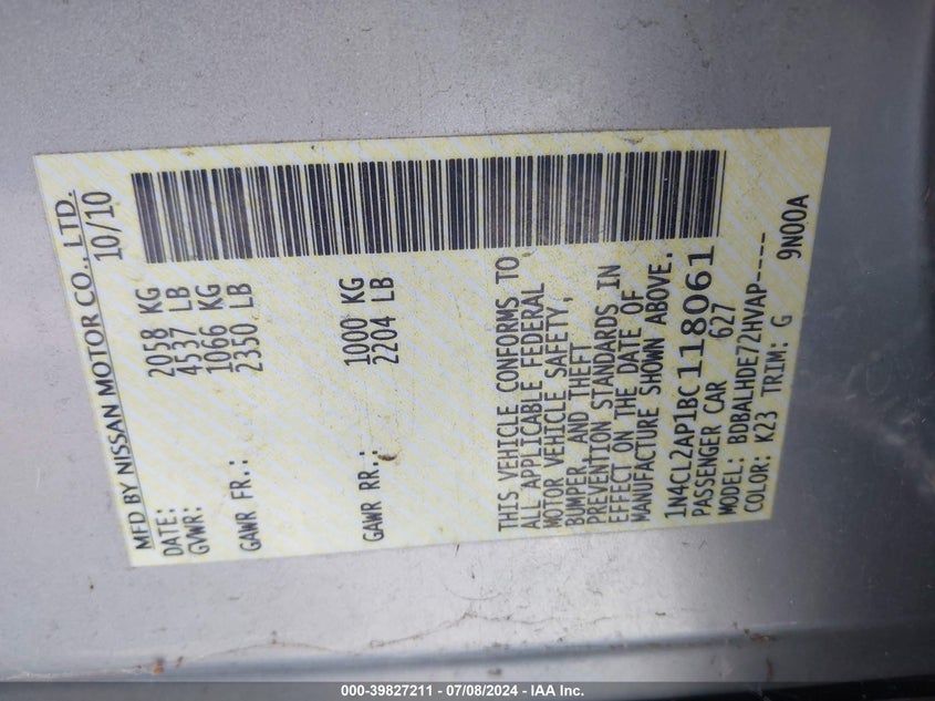 2011 Nissan Altima Hybrid VIN: 1N4CL2AP1BC118061 Lot: 39827211