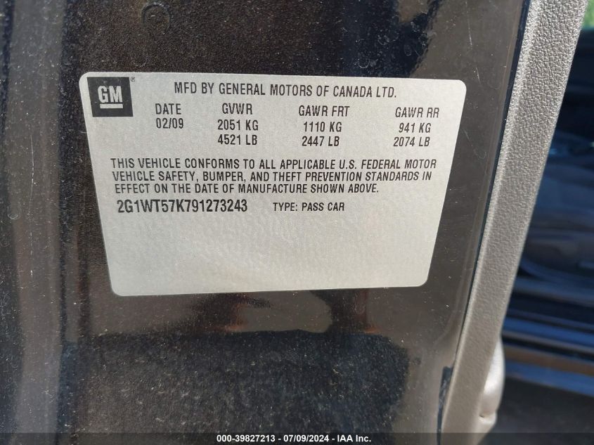 2009 Chevrolet Impala 1Lt VIN: 2G1WT57K791273243 Lot: 39827213