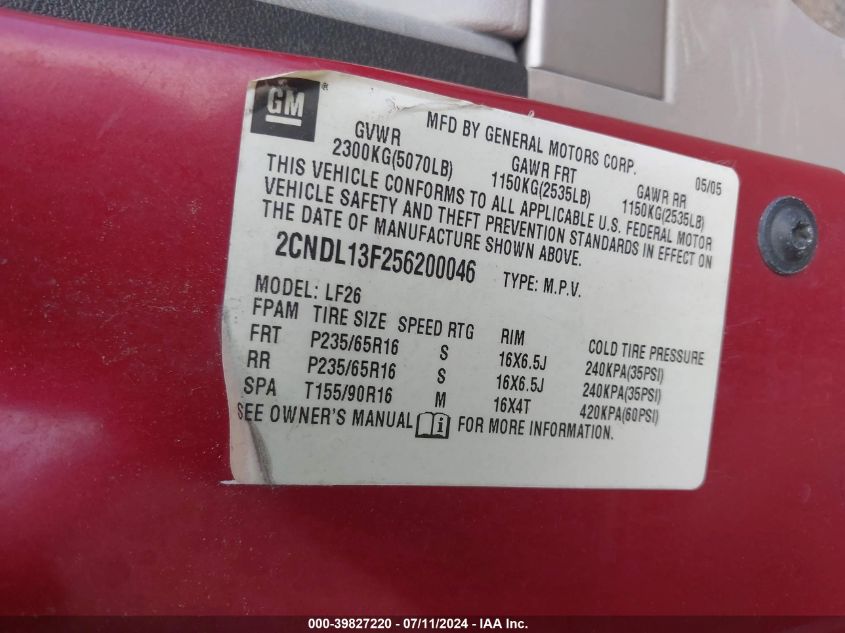 2005 Chevrolet Equinox Ls VIN: 2CNDL13F256200046 Lot: 39827220