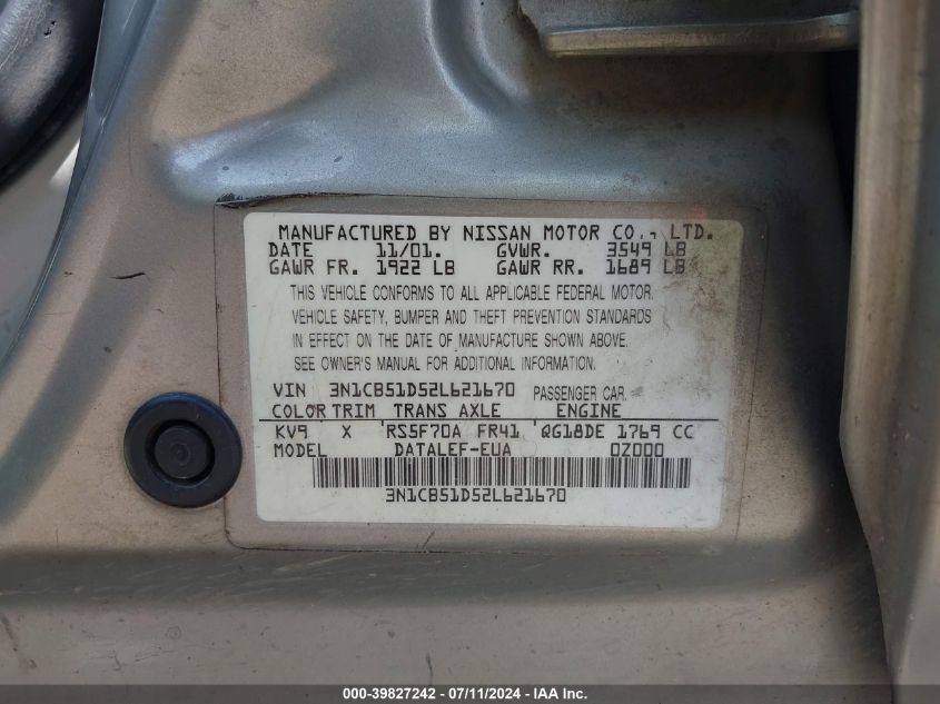 2002 Nissan Sentra Gxe VIN: 3N1CB51D52L621670 Lot: 39827242