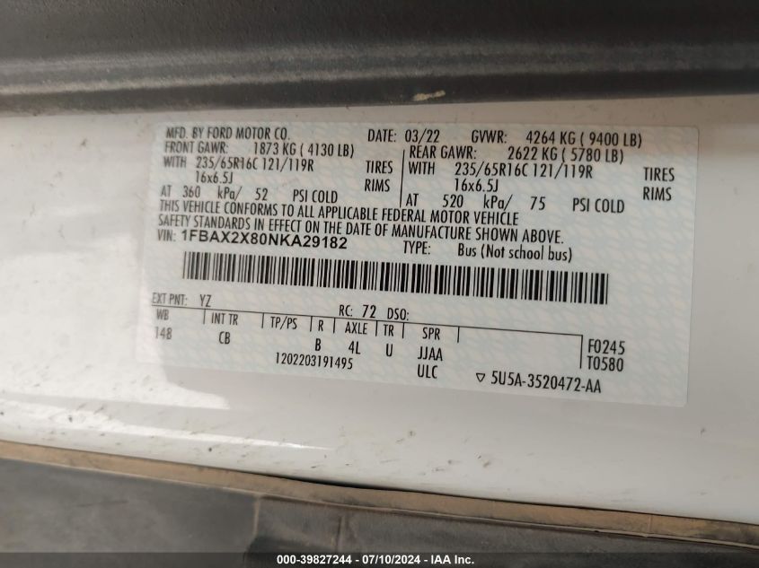 2022 Ford Transit T-350 VIN: 1FBAX2X80NKA29182 Lot: 39827244