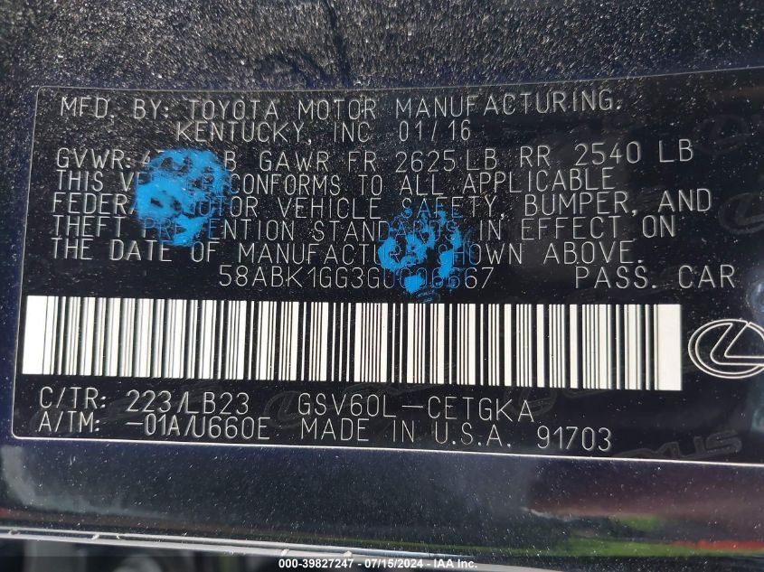 2016 Lexus Es 350 VIN: 58ABK1GG3GU006667 Lot: 39827247