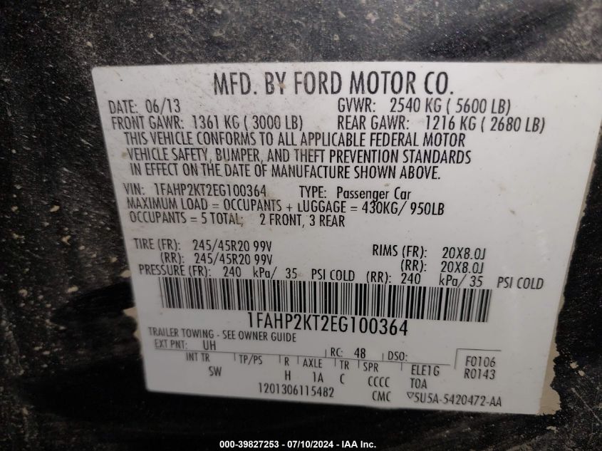 1FAHP2KT2EG100364 2014 Ford Taurus Sho