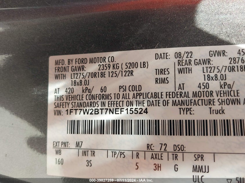 2022 Ford F-250 Xlt VIN: 1FT7W2BT7NEF15524 Lot: 39827259