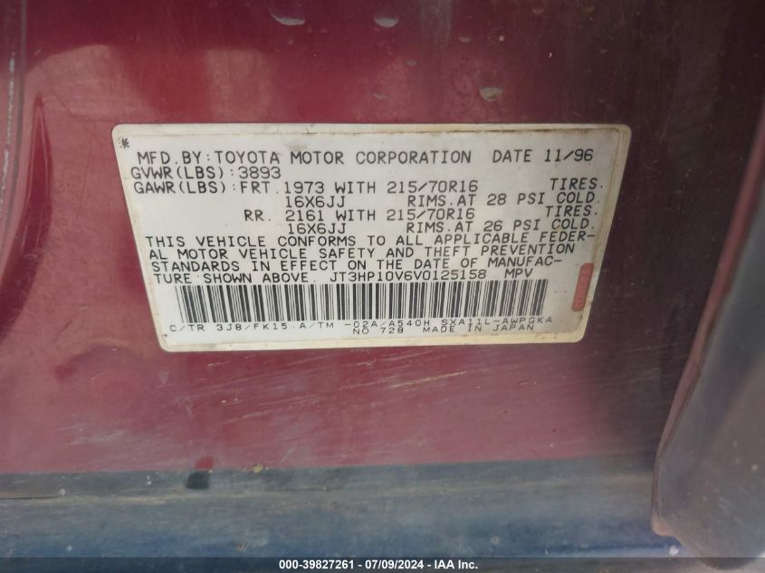 1997 Toyota Rav4 VIN: JT3HP10V6V0125158 Lot: 39827261