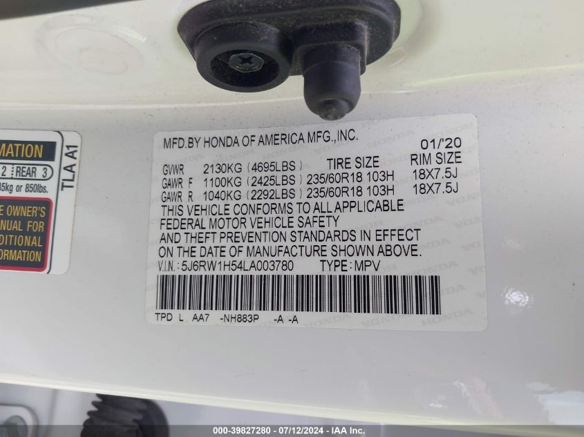 2020 Honda Cr-V 2Wd Ex VIN: 5J6RW1H54LA003780 Lot: 39827280