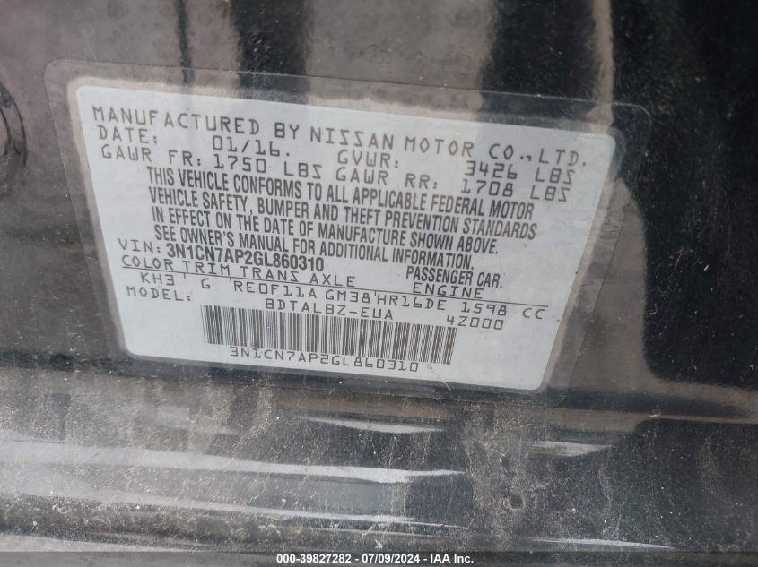 2016 Nissan Versa 1.6 S/1.6 S+/1.6 Sl/1.6 Sv VIN: 3N1CN7AP2GL860310 Lot: 39827282