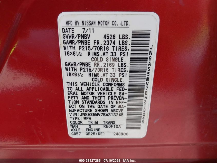 2011 Nissan Rogue S VIN: JN8AS5MV7BW313245 Lot: 39827285