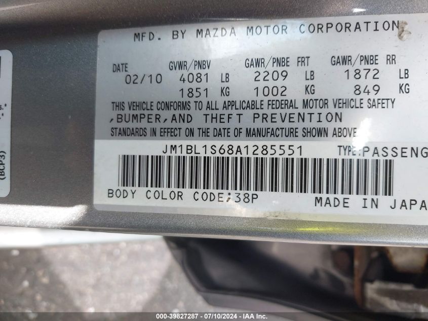 2010 Mazda 3 S VIN: JM1BL1S68A1285551 Lot: 39827287