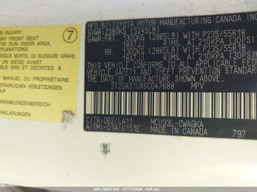 2006 Lexus Rx 330 VIN: 2T2GA31UX6C047688 Lot: 39827304