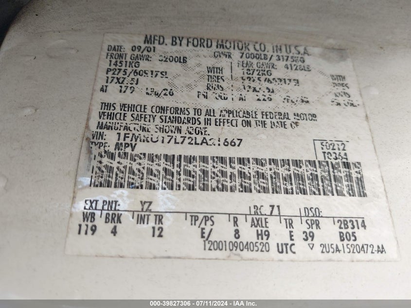 2002 Ford Expedition Eddie Bauer VIN: 1FMRU17L72LA21667 Lot: 39827306