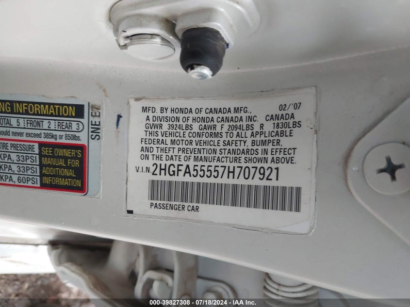 2007 Honda Civic Si VIN: 2HGFA55557H707921 Lot: 39827308