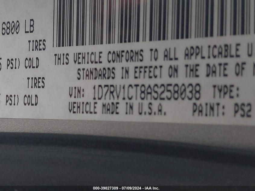 2010 Dodge Ram 1500 Slt/Sport/Trx VIN: 1D7RV1CT8AS258038 Lot: 39827309