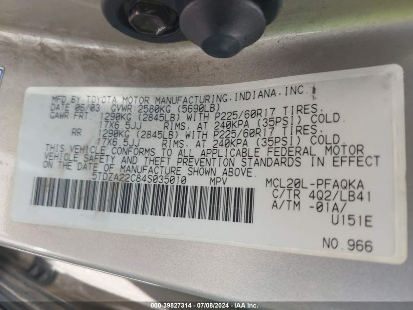 2004 Toyota Sienna Xle VIN: 5TDZA22C84S035010 Lot: 39827314