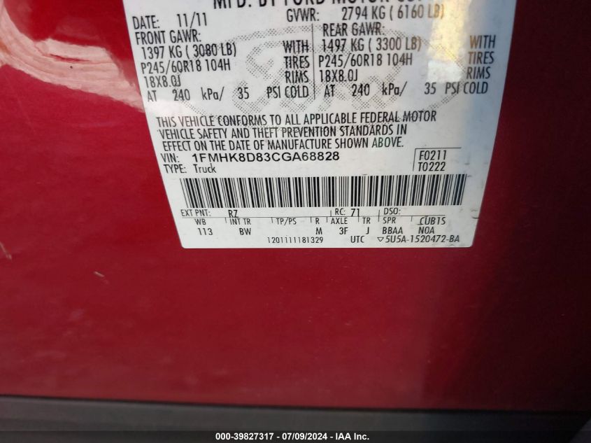 2012 Ford Explorer Xlt VIN: 1FMHK8D83CGA68828 Lot: 39827317