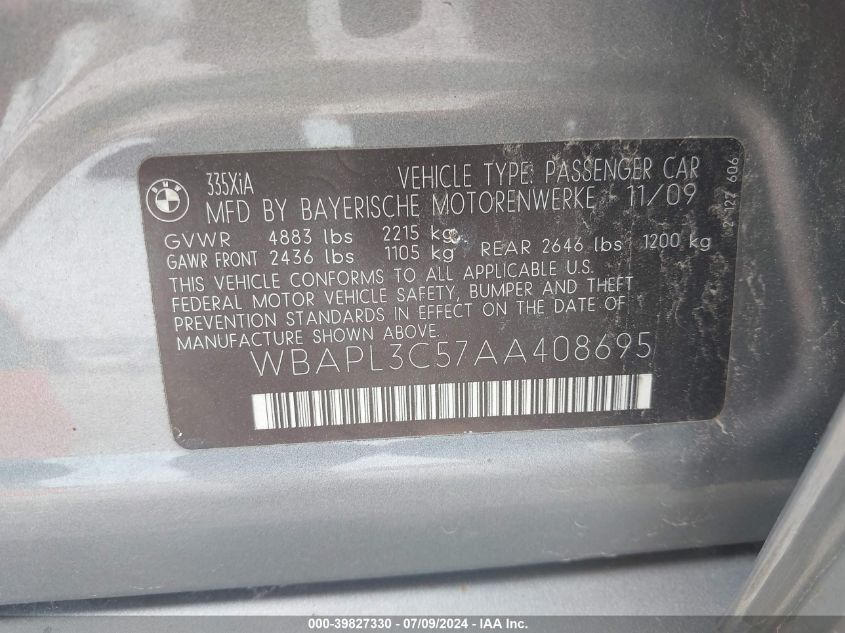 2010 BMW 335I xDrive VIN: WBAPL3C57AA408695 Lot: 39827330