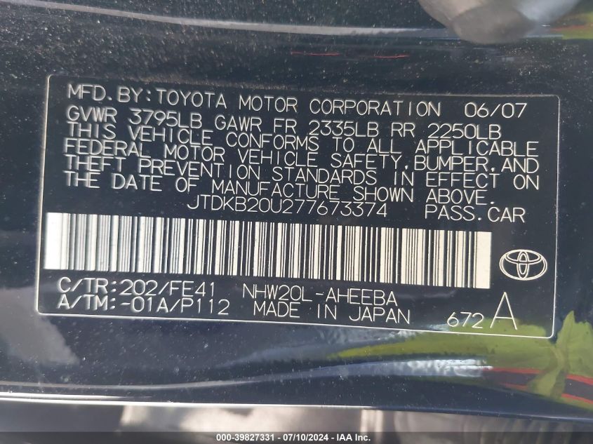 2007 Toyota Prius VIN: JTDKB20U277673374 Lot: 39827331