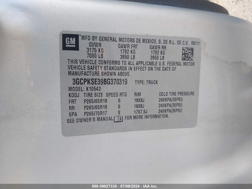 2011 Chevrolet Silverado 1500 Lt VIN: 3GCPKSE39BG370319 Lot: 39827335