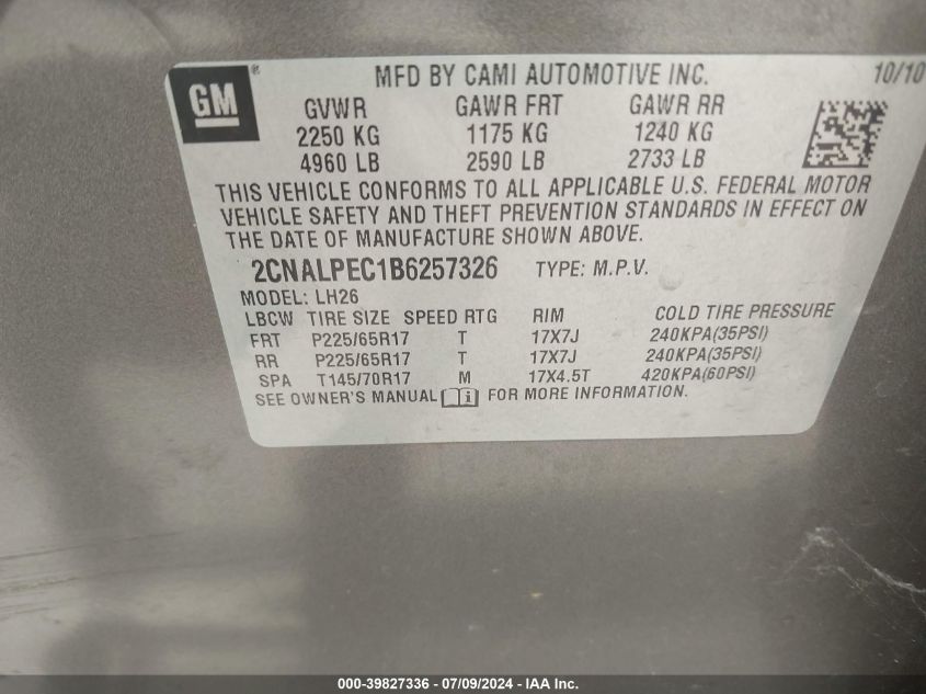 2011 Chevrolet Equinox 2Lt VIN: 2CNALPEC1B6257326 Lot: 39827336