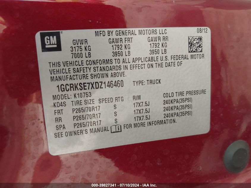 1GCRKSE7XDZ146460 2013 Chevrolet Silverado 1500 Lt