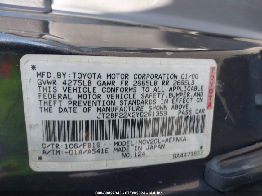 2000 Toyota Camry Le V6 VIN: JT2BF22K2Y0261359 Lot: 39827343