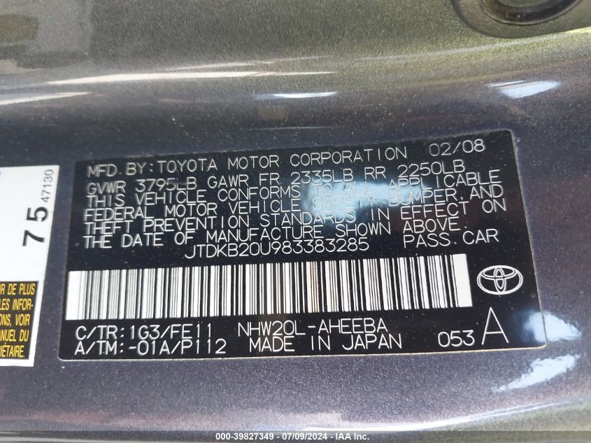 2008 Toyota Prius VIN: JTDKB20U983383285 Lot: 39827349