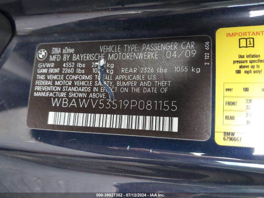 2009 BMW 328I xDrive VIN: WBAWV53519P081155 Lot: 39827352