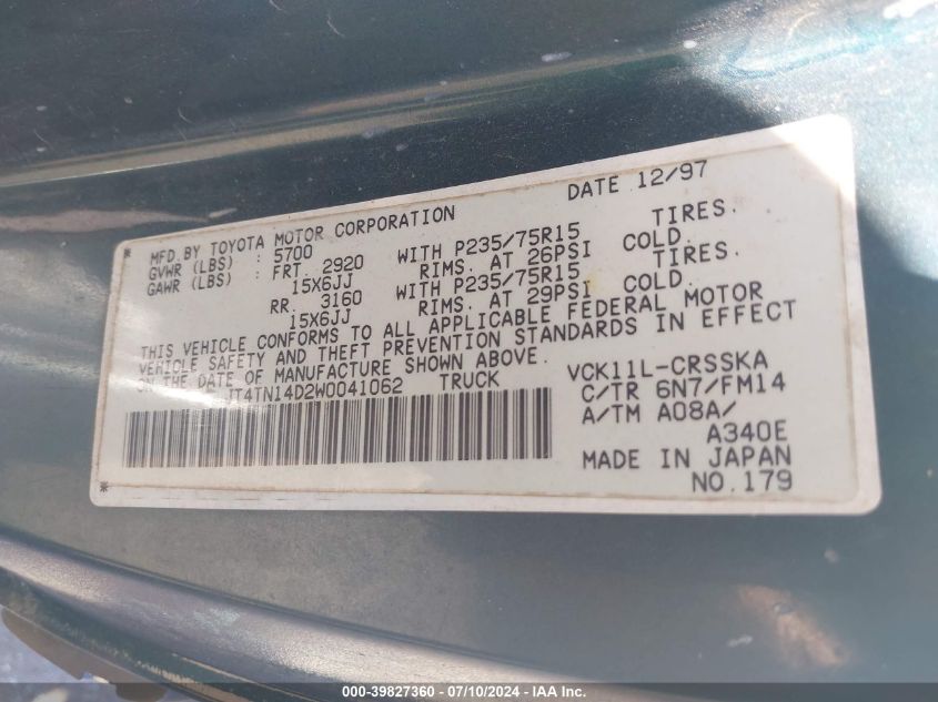 1998 Toyota T100 Xtracab Sr5 VIN: JT4TN14D2W0041062 Lot: 39827360