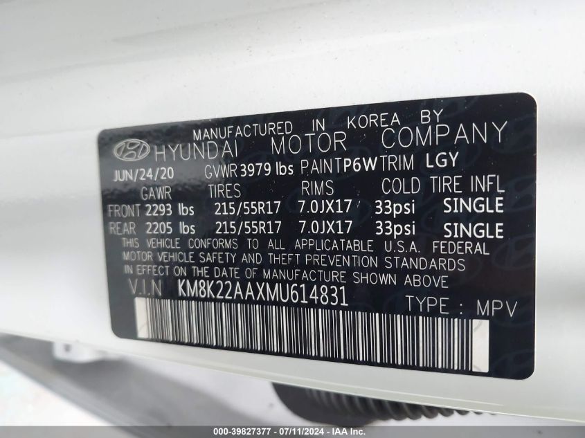 2021 Hyundai Kona Sel VIN: KM8K22AAXMU614831 Lot: 39827377